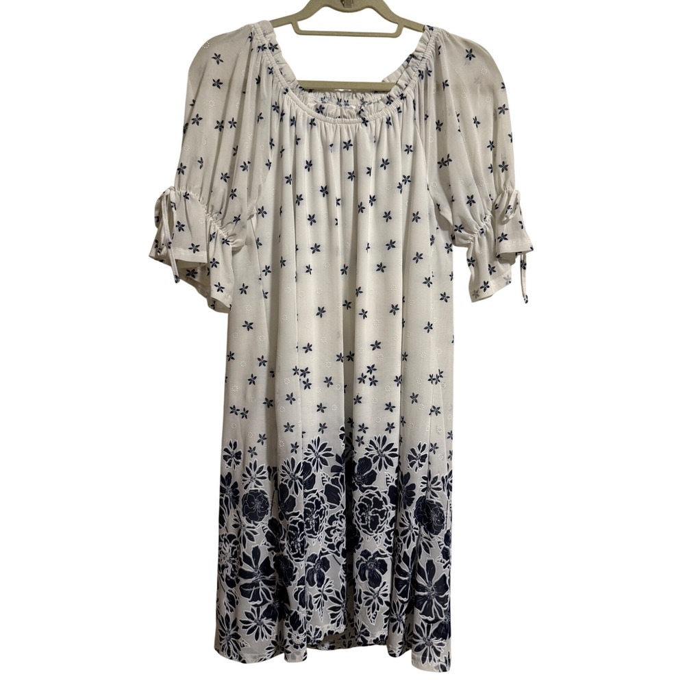 Sirenlily White Navy Blue Floral Peasant Mini Dress Short‎ Sleeve Small